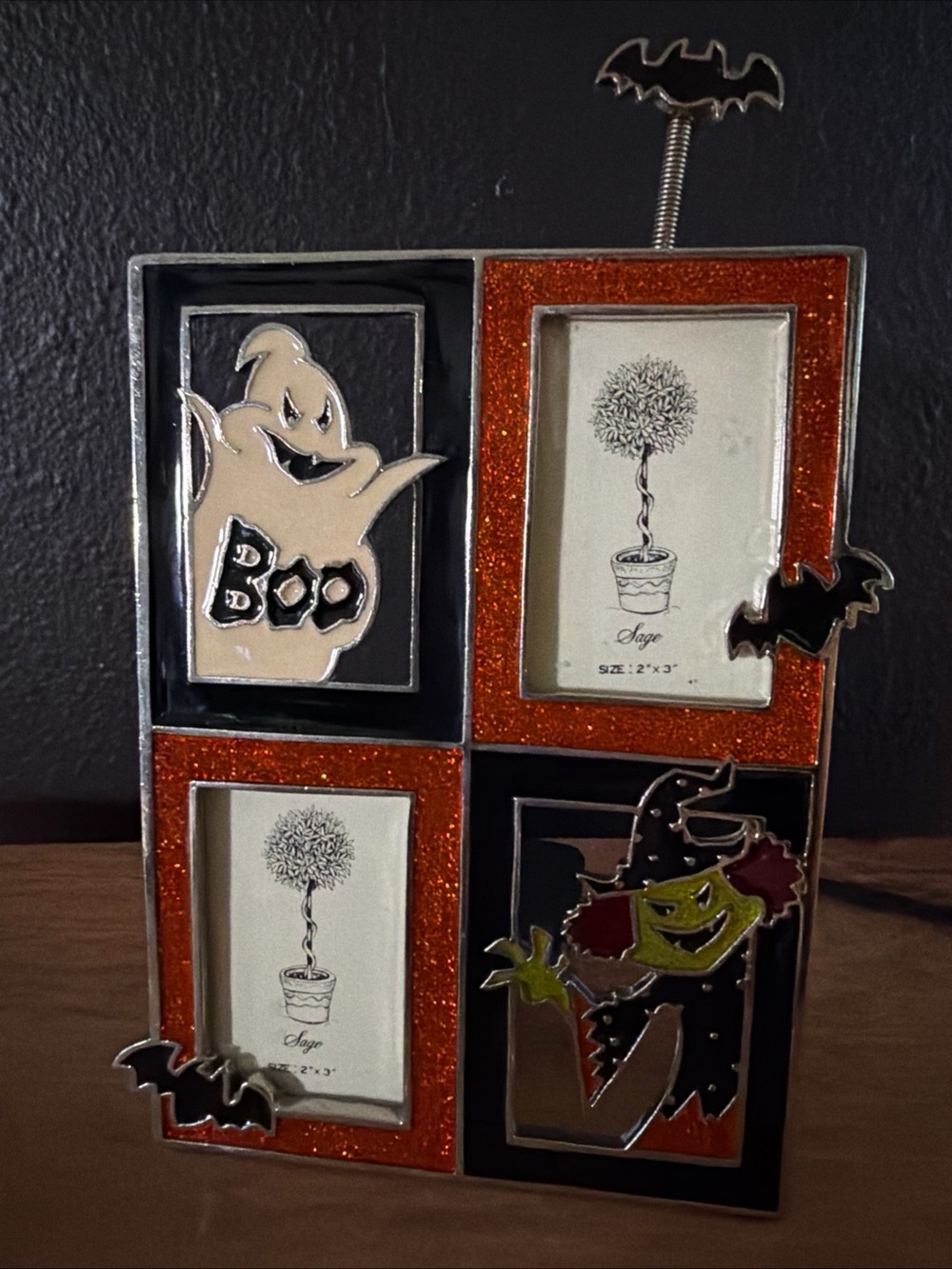 Vintage Y2K Sage Retro Halloween 2x3 Two Photo Frame Witch Ghost Bat Glitter